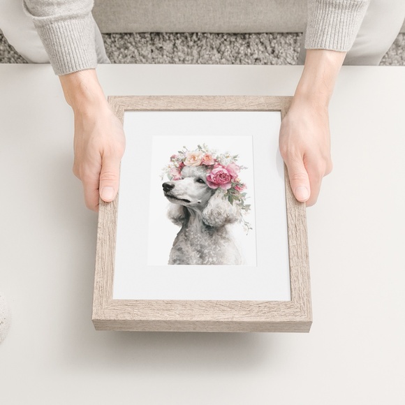 Watercolor Standard White Poodle with Flower Crown Wall Art Print, Unframed - Picture 6 of 7